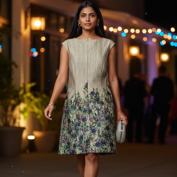 NWT Kay Unger New York A-line Metallic, Cap Sleeve Floral Cocktail Dress Size 14 - Picture 2 of 9